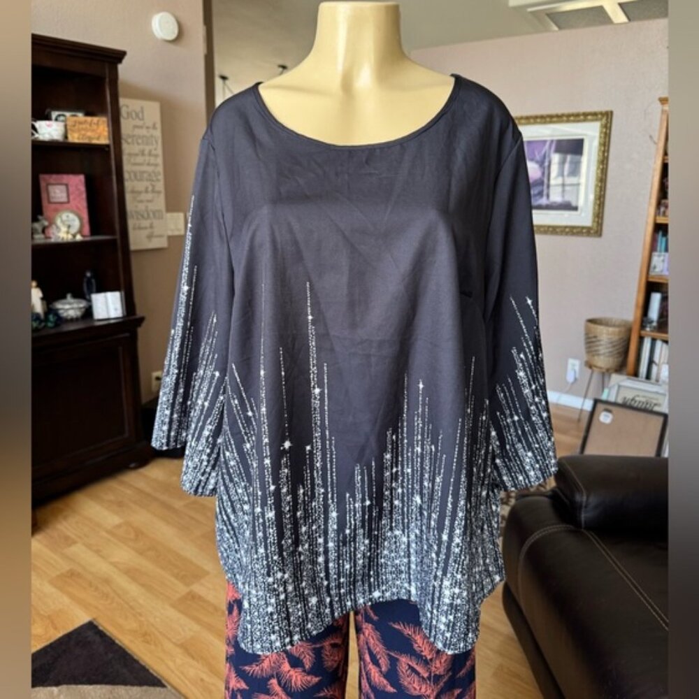 Emery Rose black & white 3/4 sleeves silky blouse-size 1X